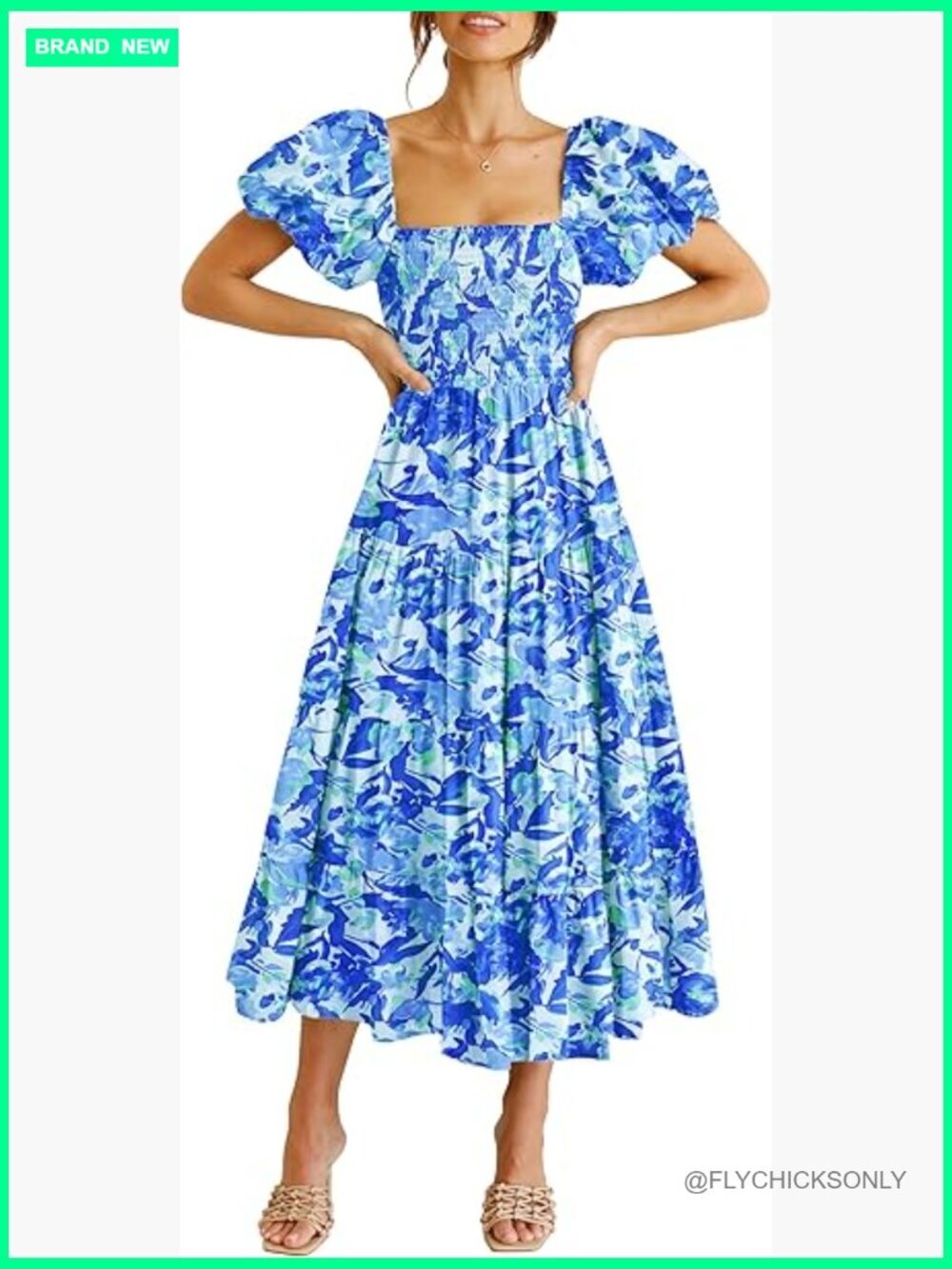 Polyester Midi Dress with Puffy Sleeves and Square Neck